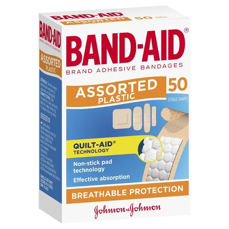 Band-Aid Plastic Strips Assorted Shapes 50 Pack front image on Livehealthy HK imported from Australia