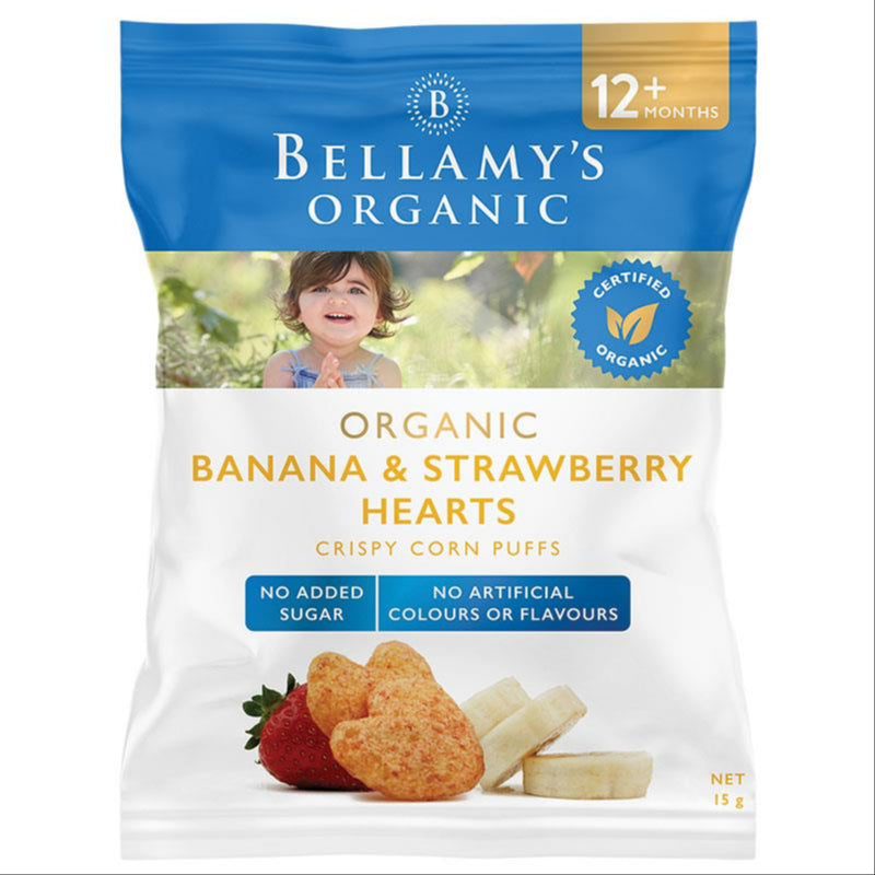 Bellamy's Organic Banana & Strawberry Hearts 15g 12m+ front image on Livehealthy HK imported from Australia