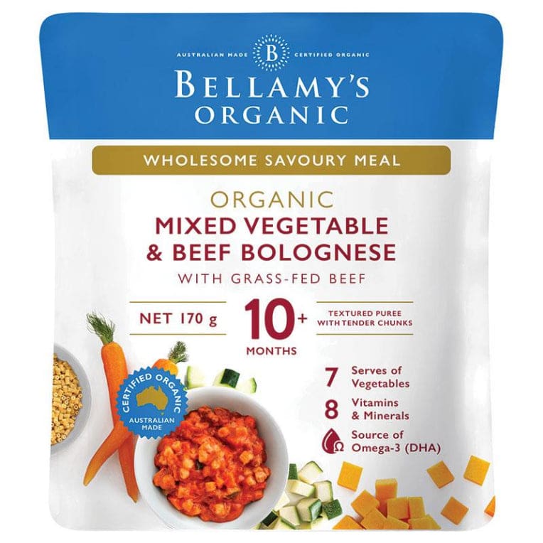 Bellamys Organic Mixed Vegetable & Beef Bolognese 170g front image on Livehealthy HK imported from Australia