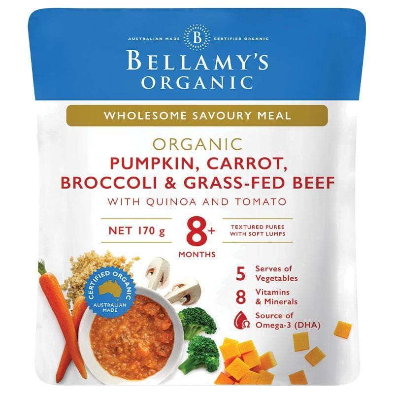 Bellamys Organic Pumpkin Carrot Broccoli & Grassfed Beef 170g front image on Livehealthy HK imported from Australia