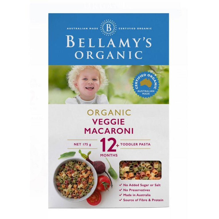 Bellamys Organic Veggie Macaroni 175g front image on Livehealthy HK imported from Australia