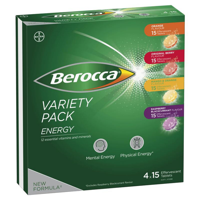 Berocca Energy Vitamin B & C Effervescent Tablets 4 x 15 Variety Pack front image on Livehealthy HK imported from Australia