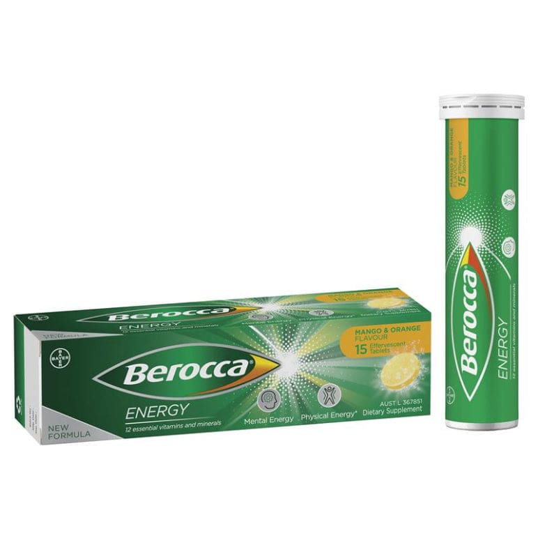 Berocca Energy Vitamin B & C Mango & Orange Flavour Effervescent Tablets 15 Pack front image on Livehealthy HK imported from Australia