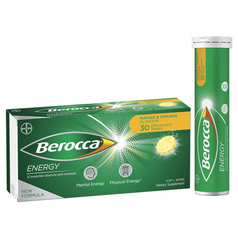 Berocca Energy Vitamin B & C Mango & Orange Flavour Effervescent Tablets 30 Pack front image on Livehealthy HK imported from Australia