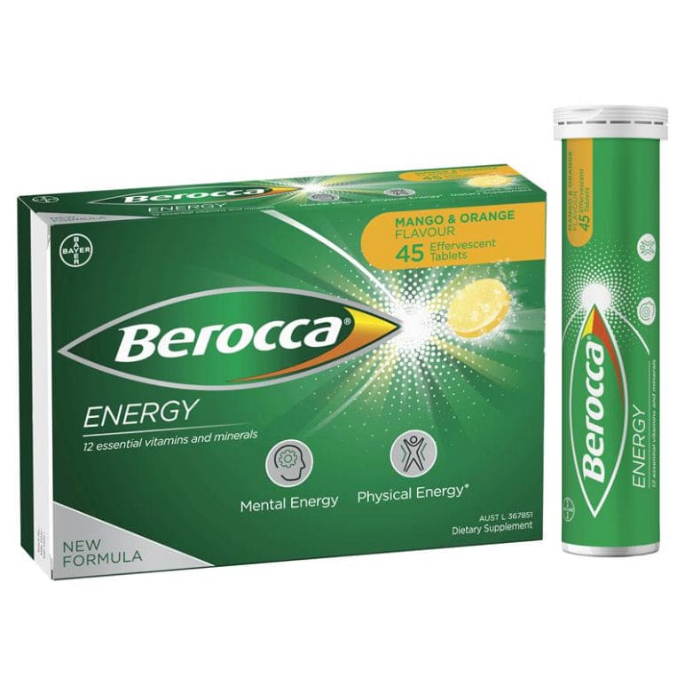Berocca Energy Vitamin B & C Mango & Orange Flavour Effervescent Tablets 45 Pack front image on Livehealthy HK imported from Australia