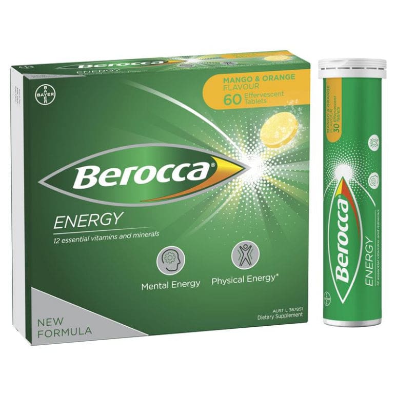 Berocca Energy Vitamin B & C Mango & Orange Flavour Effervescent Tablets 60 Pack front image on Livehealthy HK imported from Australia