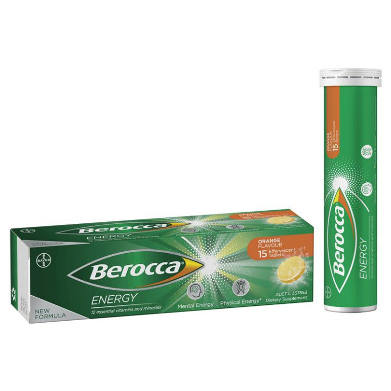 Berocca Energy Vitamin B & C Orange Flavour Effervescent Tablets 15 Pack front image on Livehealthy HK imported from Australia