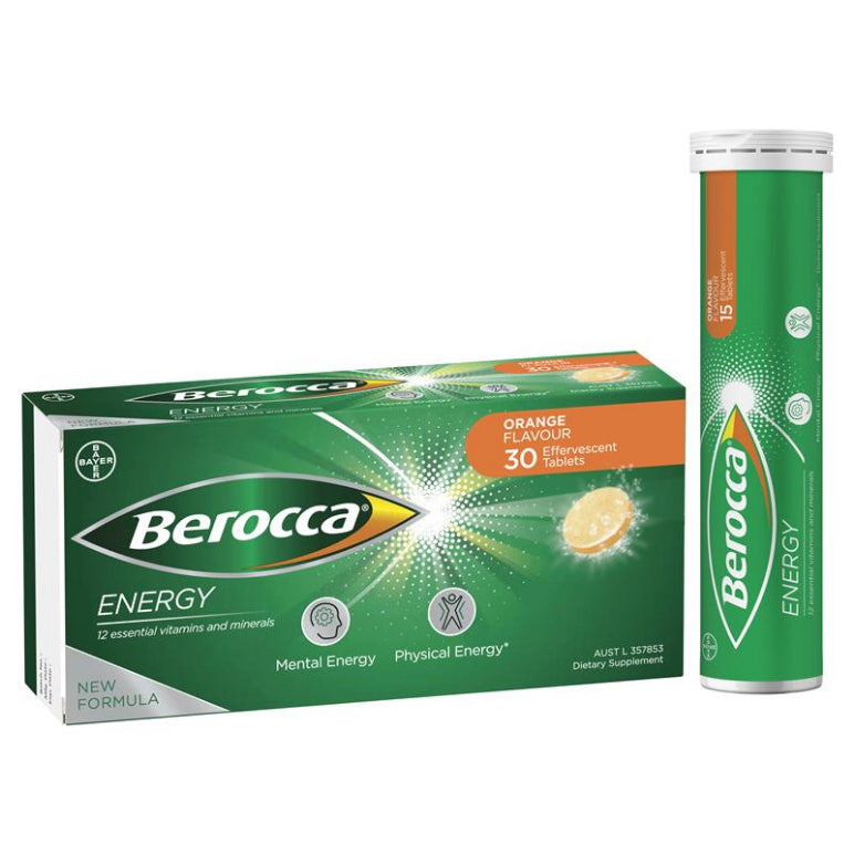 Berocca Energy Vitamin B & C Orange Flavour Effervescent Tablets 30 Pack front image on Livehealthy HK imported from Australia