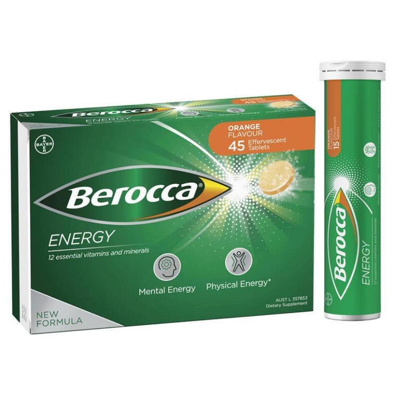 Berocca Energy Vitamin B & C Orange Flavour Effervescent Tablets 45 Pack front image on Livehealthy HK imported from Australia