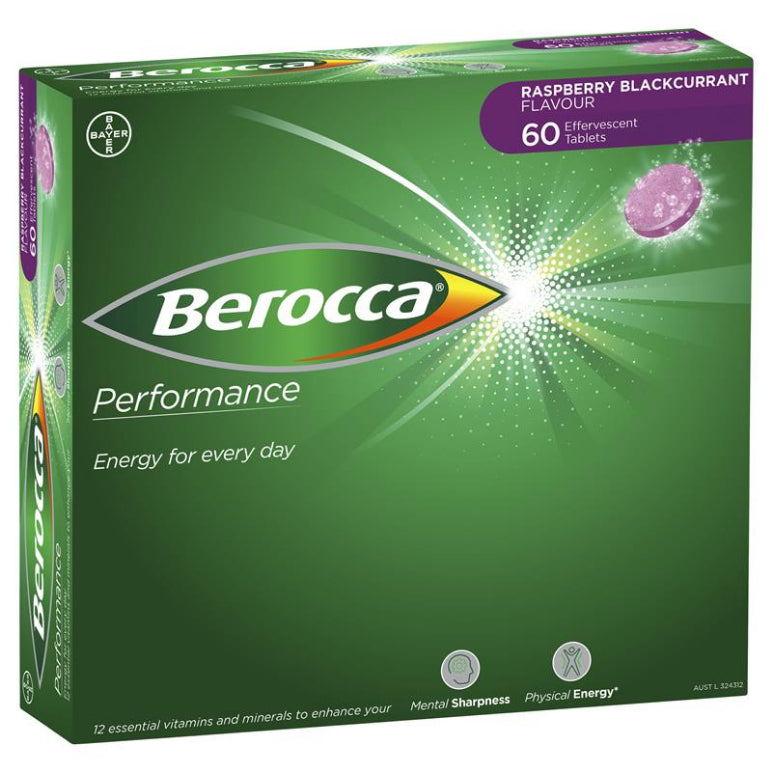 Berocca Energy Vitamin B & C Raspberry Blackcurrant Flavour Effervescent Tablets 60 Pack front image on Livehealthy HK imported from Australia