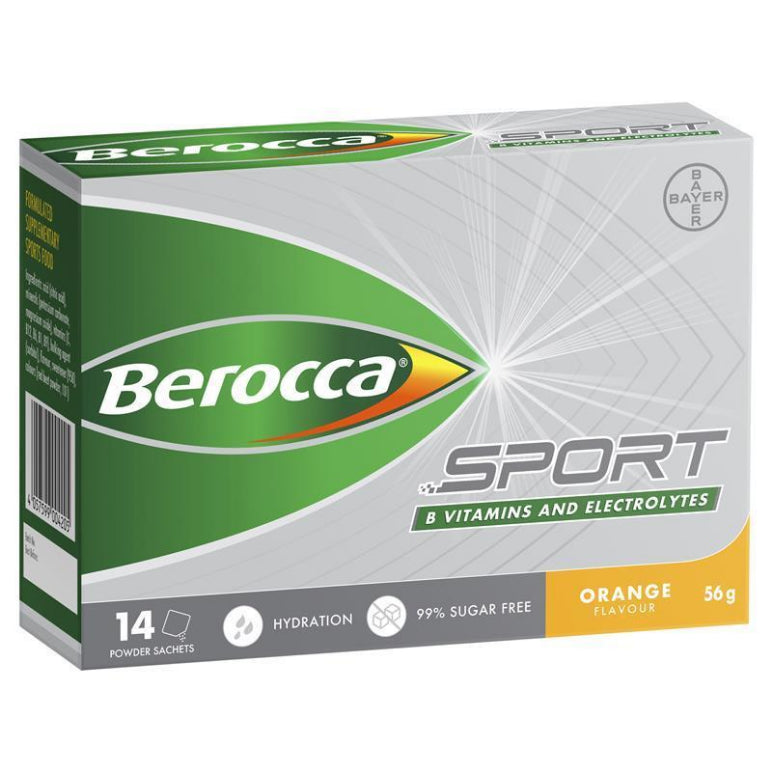 Berocca Sport B Vitamins & Electrolytes Orange Flavour 14 Powder Sachets front image on Livehealthy HK imported from Australia