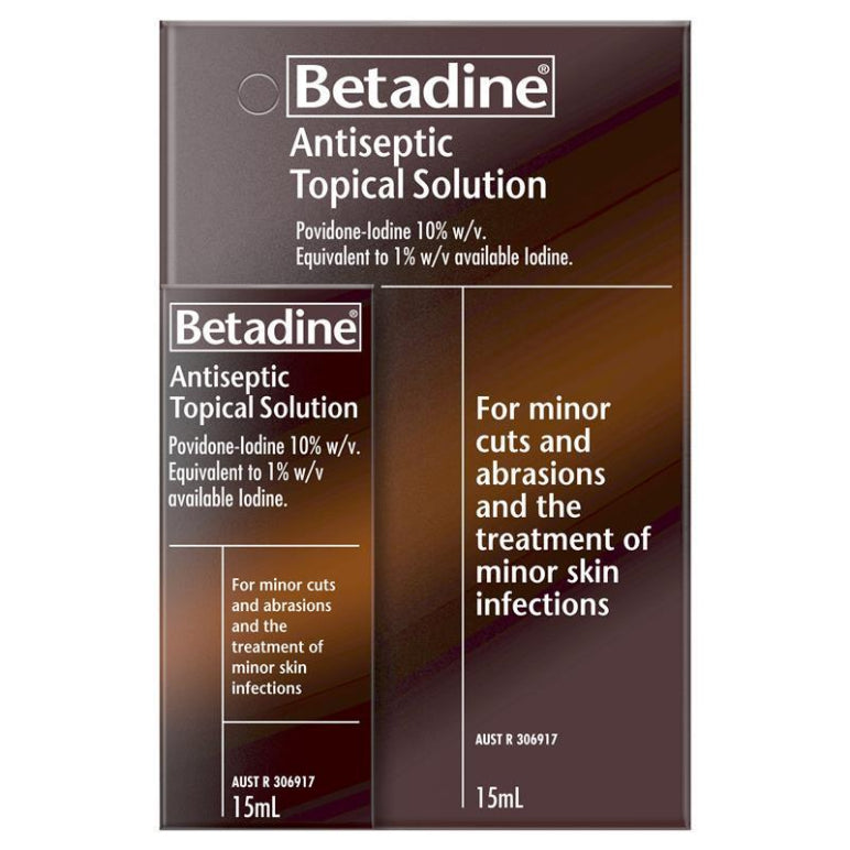 Betadine Antiseptic Topical Solution Liquid 15mL front image on Livehealthy HK imported from Australia