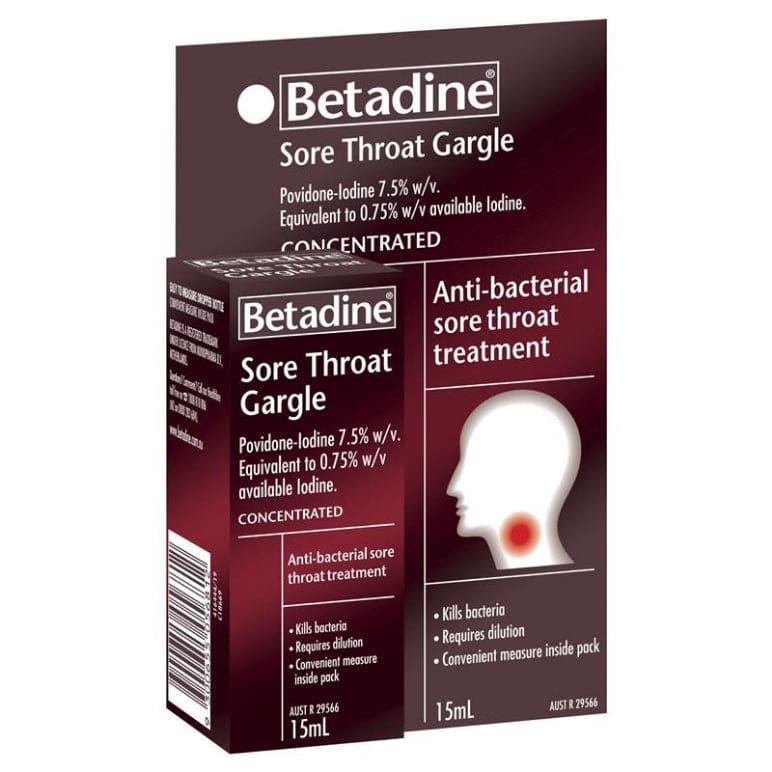 Betadine Sore Throat Gargle Concentrated 15mL front image on Livehealthy HK imported from Australia