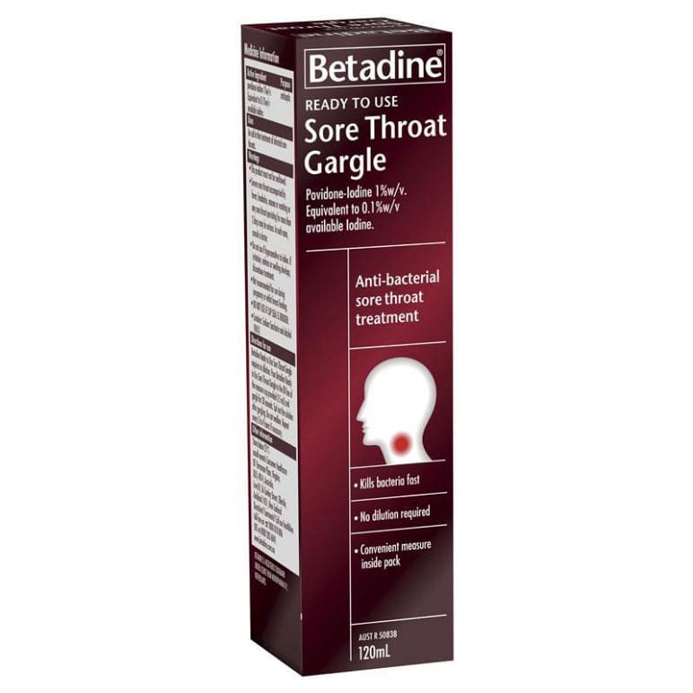 Betadine Sore Throat Gargle Ready To Use 120mL front image on Livehealthy HK imported from Australia
