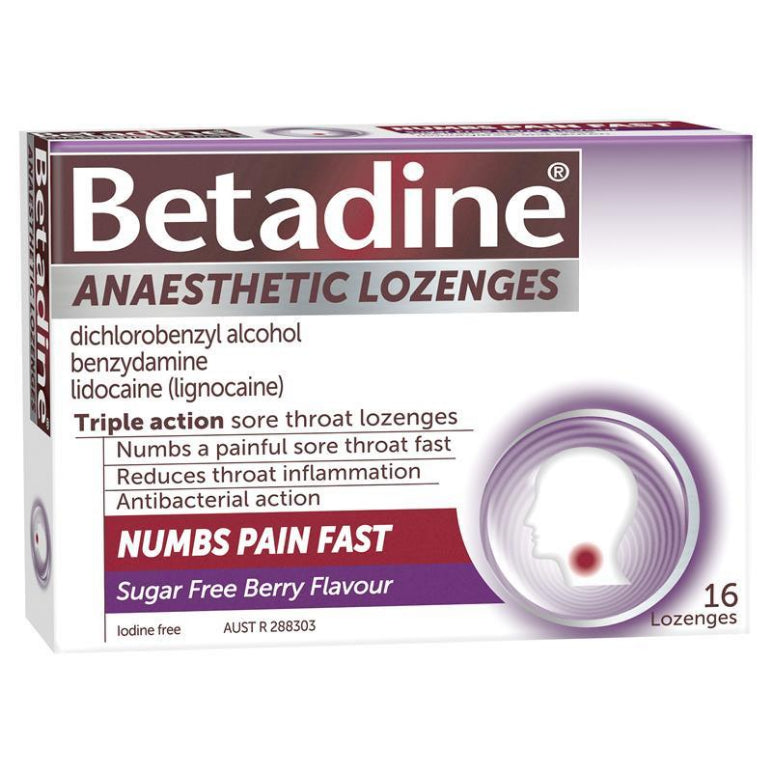 Betadine Sore Throat Lozenges Anaesthetic Berry Flavour 16 Pack front image on Livehealthy HK imported from Australia