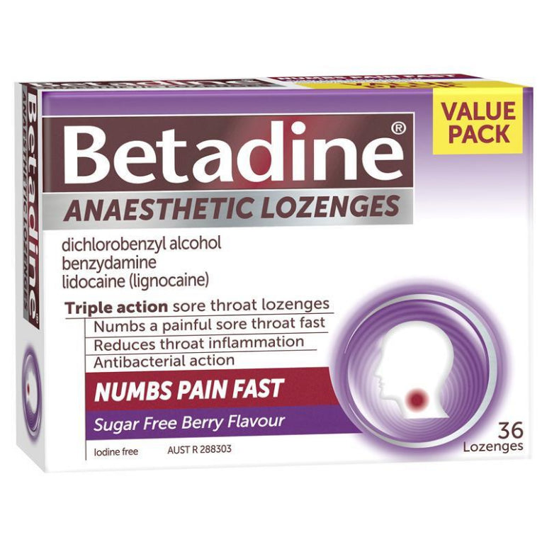 Betadine Sore Throat Lozenges Anaesthetic Berry Flavour 36 Pack front image on Livehealthy HK imported from Australia