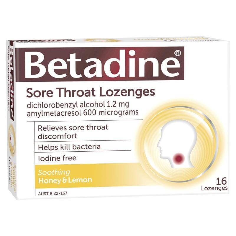 Betadine Sore Throat Lozenges Soothing Honey & Lemon Flavour 16 Pack front image on Livehealthy HK imported from Australia