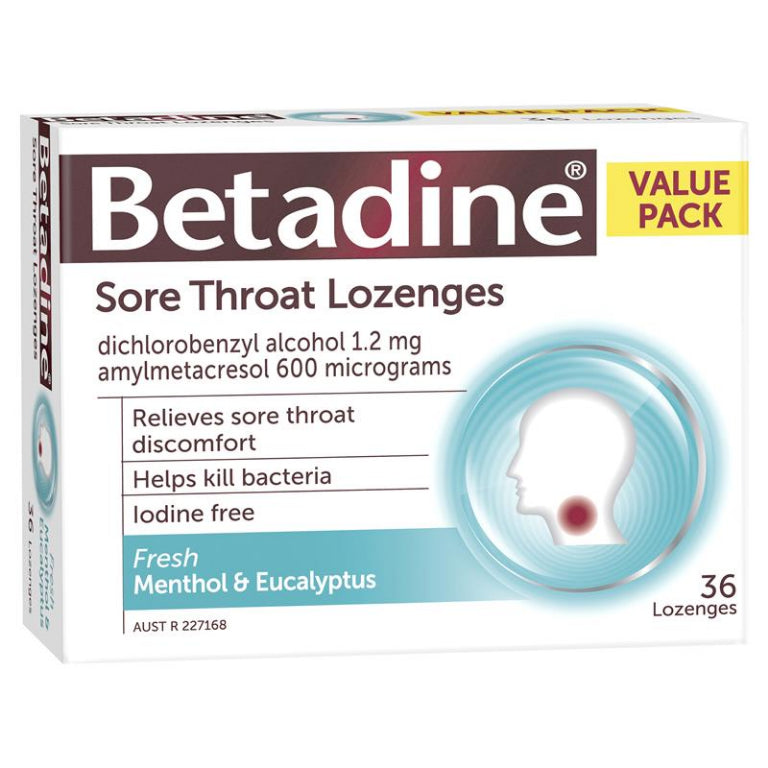 Betadine Sore Throat Menthol and Eucalyptus 36 Lozenges front image on Livehealthy HK imported from Australia