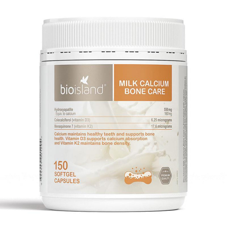 Bio Island Milk Calcium Bone Care 150 Softgel Capsules front image on Livehealthy HK imported from Australia