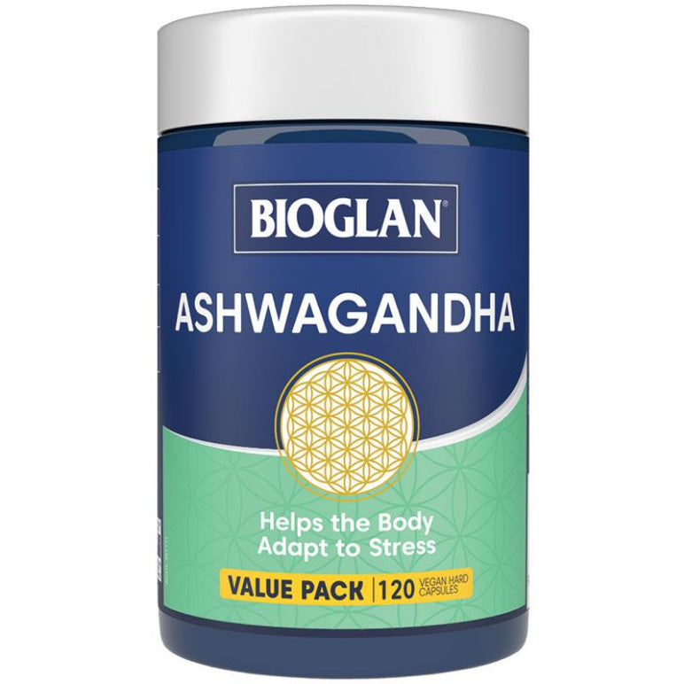 Bioglan Ashwagandha 120 Vegan Hard Capsules front image on Livehealthy HK imported from Australia