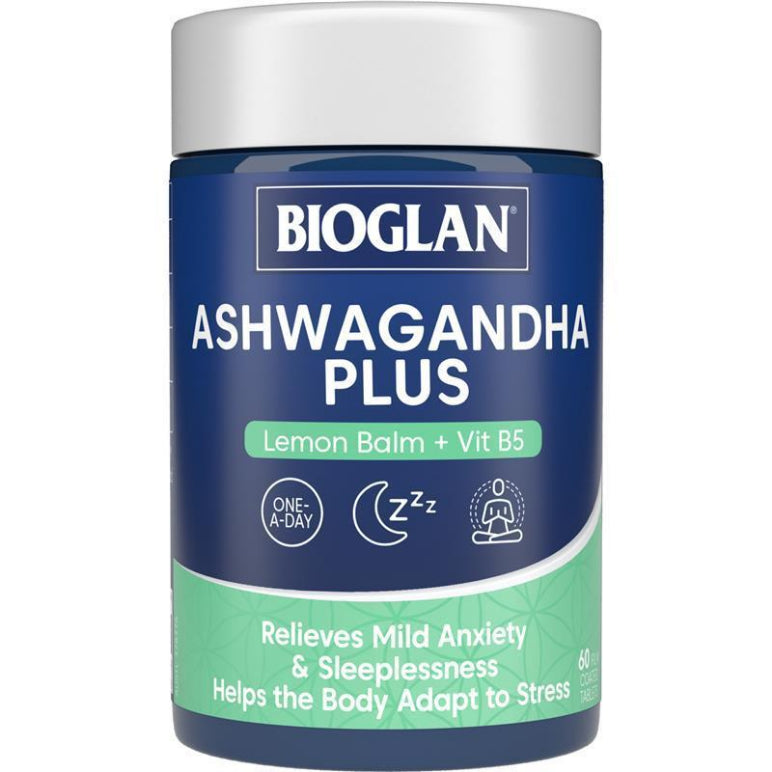 Bioglan Ashwagandha Plus 60 Tablets front image on Livehealthy HK imported from Australia