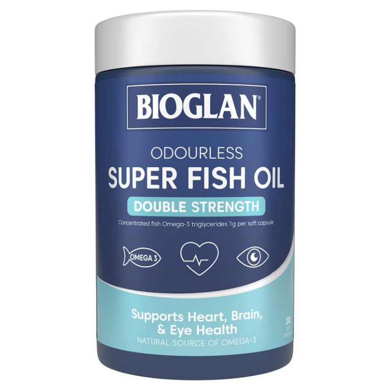 Bioglan Odourless Super Fish Oil Double Strength 200 Capsules front image on Livehealthy HK imported from Australia