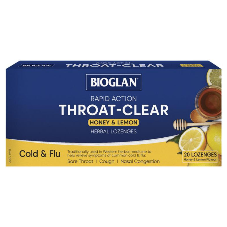 Bioglan Throat Clear Honey & Lemon 20 Lozenges front image on Livehealthy HK imported from Australia