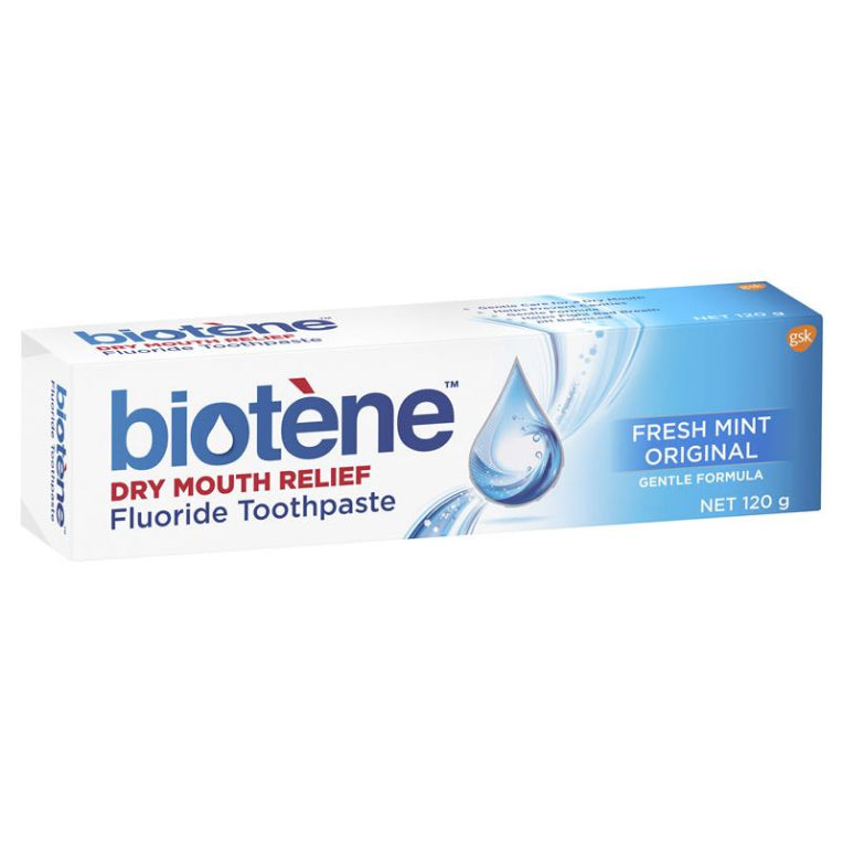 Biotene Dry Mouth Relief Fluoride Toothpaste Fresh Mint Original 120g front image on Livehealthy HK imported from Australia