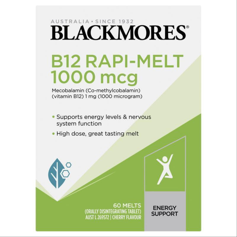 Blackmores B12 Rapi-Melt 1000mcg Energy Support Vitamin B 60 Tablets front image on Livehealthy HK imported from Australia