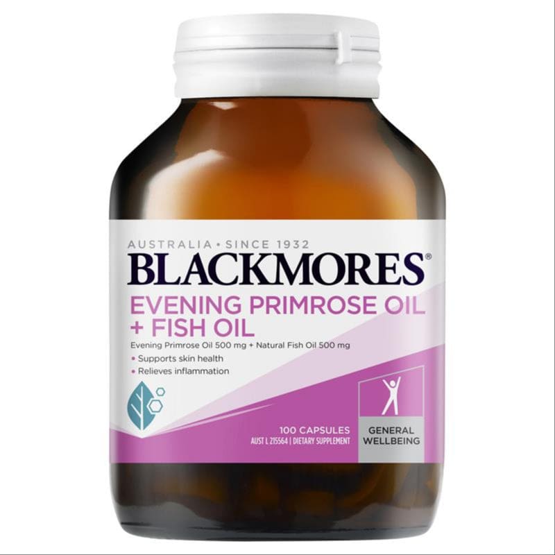 Blackmores Evening Primrose Oil + Fish Oil Omega-3 Skin Health 100 Capsules front image on Livehealthy HK imported from Australia