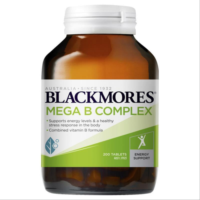 Blackmores Mega B Complex Energy Support Vitamin B12 200 Tablets front image on Livehealthy HK imported from Australia
