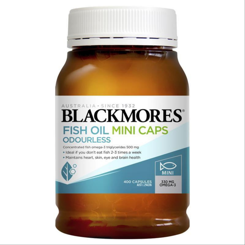 Blackmores Odourless Fish Oil 1000mg Omega-3 Mini 400 Capsules front image on Livehealthy HK imported from Australia
