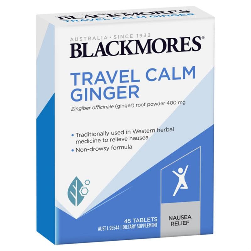 Blackmores Travel Calm Ginger Anti-Nausea Vitamin 45 Tablets front image on Livehealthy HK imported from Australia