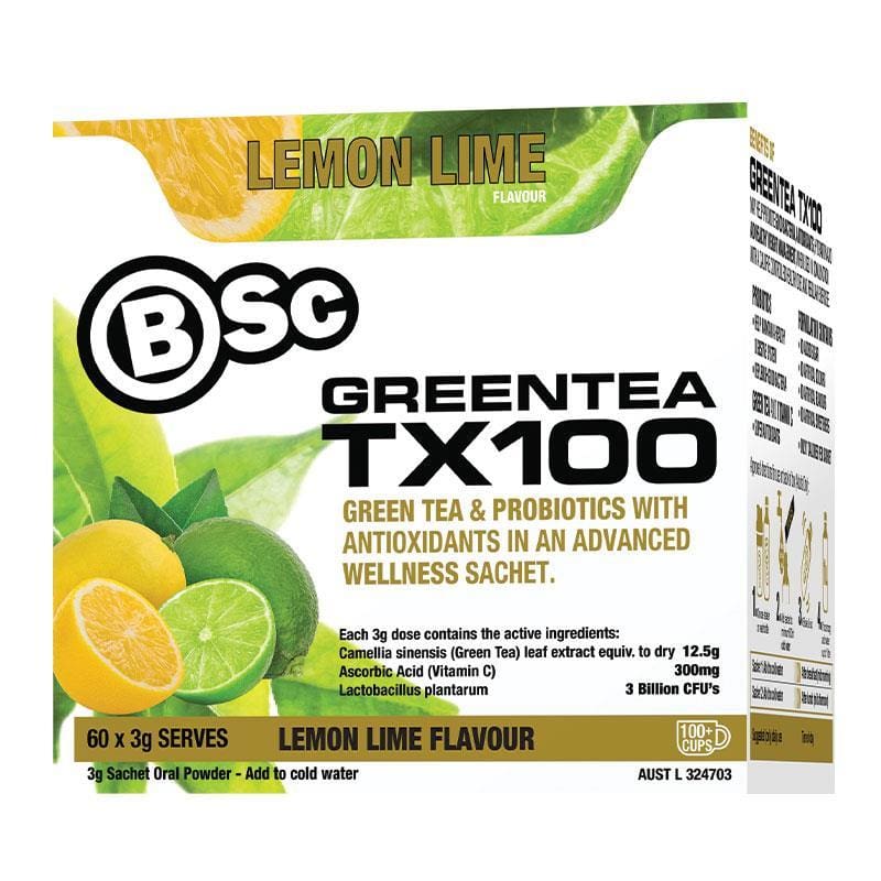 BSc Green Tea TX100 Lemon Lime 60 x 3g Serve front image on Livehealthy HK imported from Australia