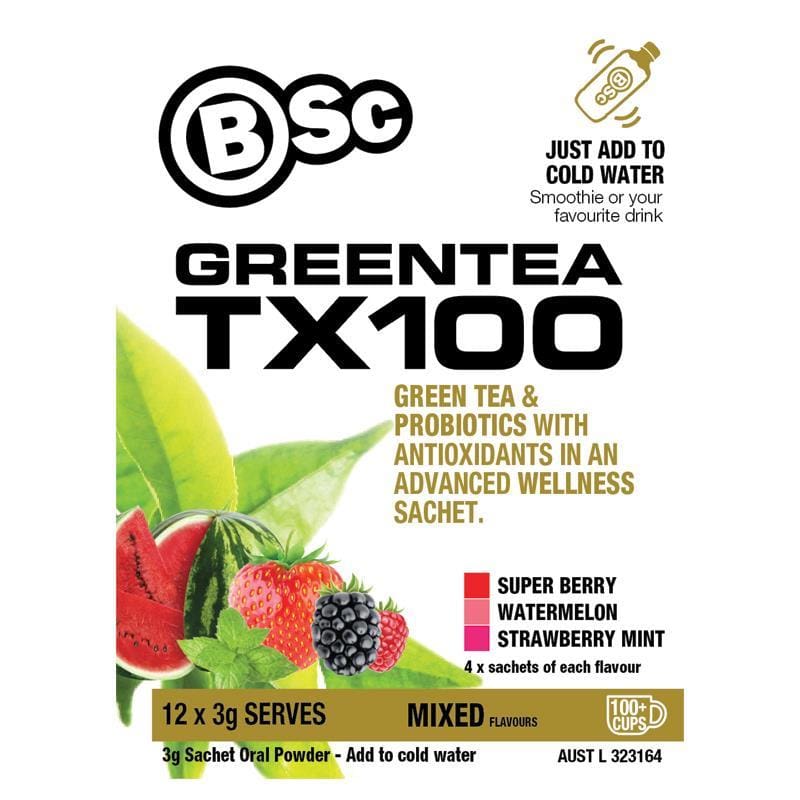 BSc Green Tea TX100 Mixed Flavours 12 x 3g Serve front image on Livehealthy HK imported from Australia