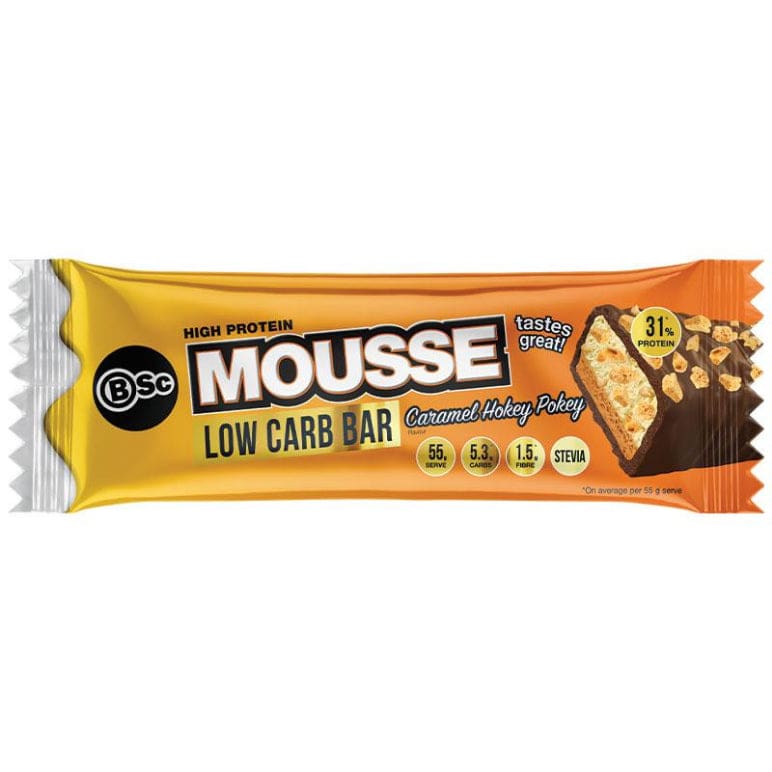 BSc High Protein Low Carb Mousse Protein Bar Caramel Hokey Pokey 55g front image on Livehealthy HK imported from Australia