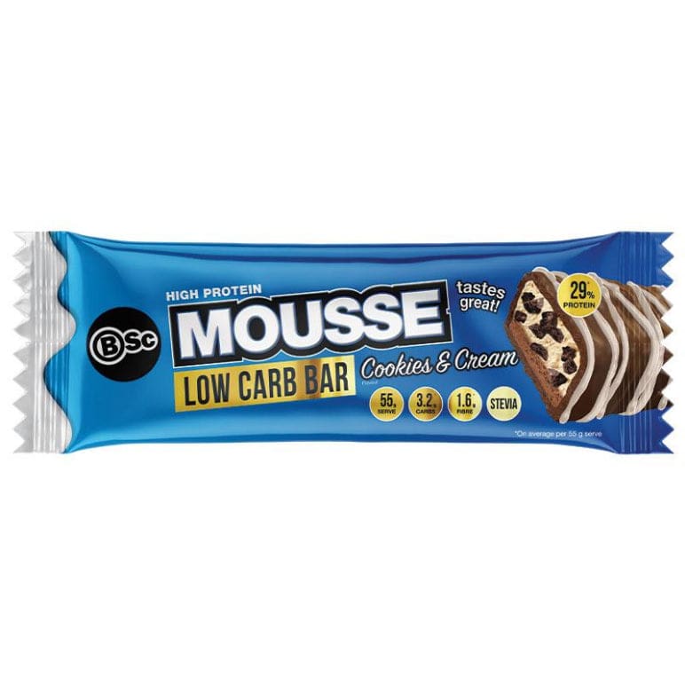 BSc High Protein Low Carb Mousse Protein Bar Cookies & Cream 55g front image on Livehealthy HK imported from Australia