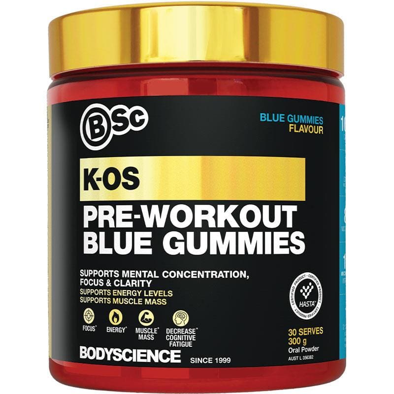 BSc K-OS Pre-Workout Blue Gummies 300g front image on Livehealthy HK imported from Australia
