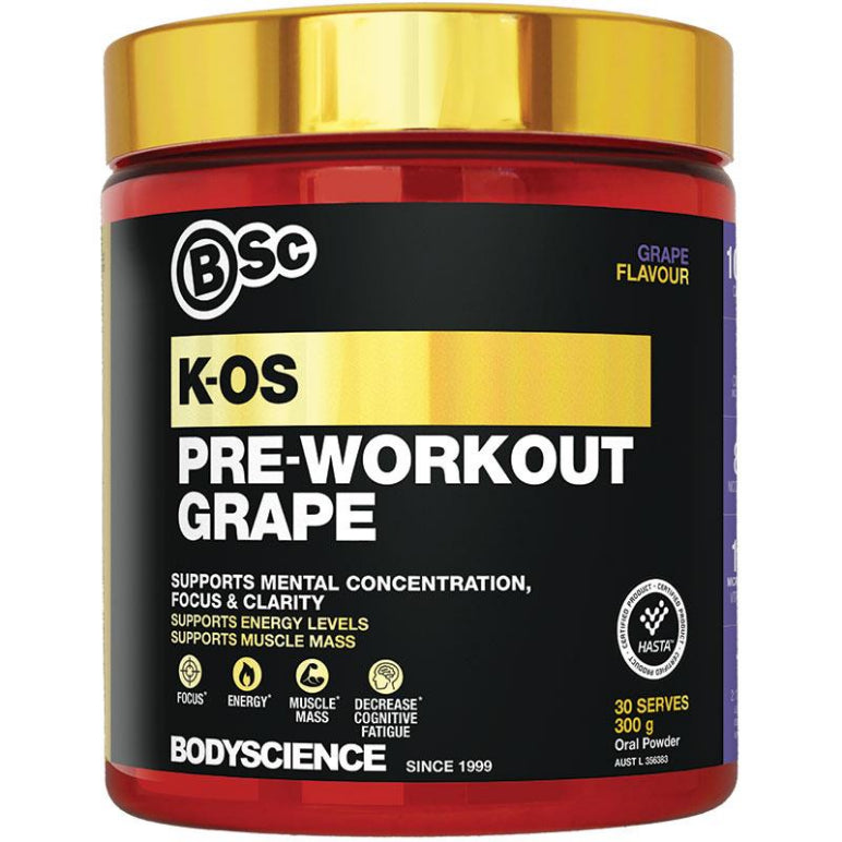 BSc K-OS Pre-Workout Grape 300g front image on Livehealthy HK imported from Australia