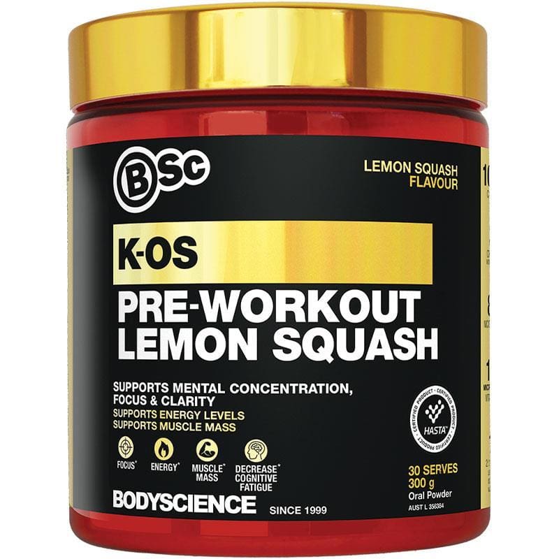 BSc K-OS Pre-Workout Lemon Squash 300g front image on Livehealthy HK imported from Australia