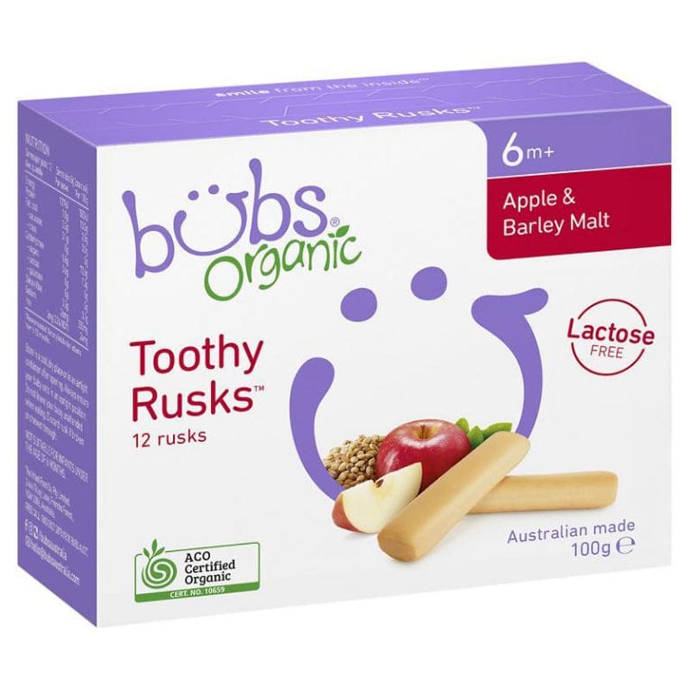 Bubs Organic Apple & Barley Lactose Free Toothy Rusk 100g front image on Livehealthy HK imported from Australia