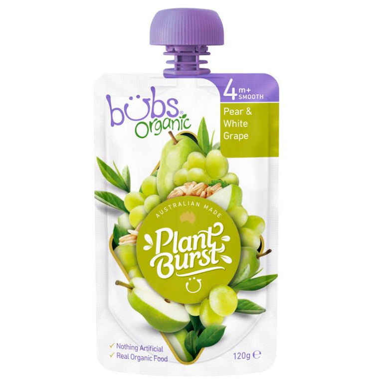 Bubs Organic Pear & White Grape 4 Months+ 120g front image on Livehealthy HK imported from Australia