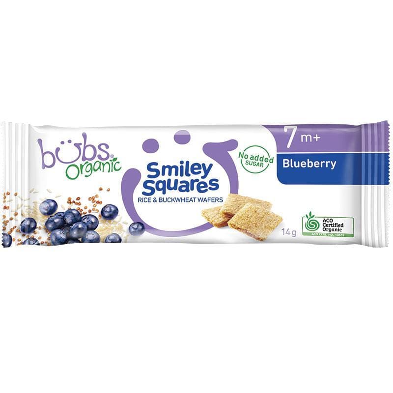 Bubs Organic Smiley Squares Blueberry 14g front image on Livehealthy HK imported from Australia
