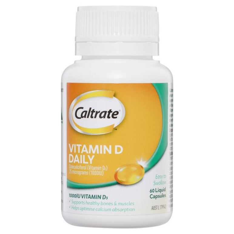 Caltrate Vitamin D 1000iu 60 Capsules Bottle front image on Livehealthy HK imported from Australia