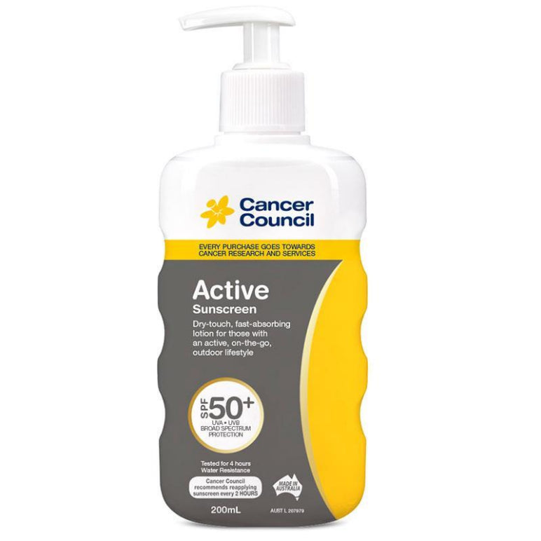 Cancer Council SPF 50+ Active 200ml Pump front image on Livehealthy HK imported from Australia
