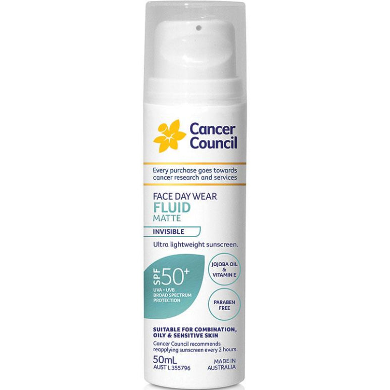 Cancer Council SPF 50+ Day Wear Face Fluid Matte Invisible 50ml front image on Livehealthy HK imported from Australia