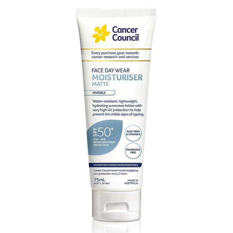 Cancer Council SPF 50+ Day Wear Face Matte Invisible 4hr Water Resistant 75ml Tube front image on Livehealthy HK imported from Australia