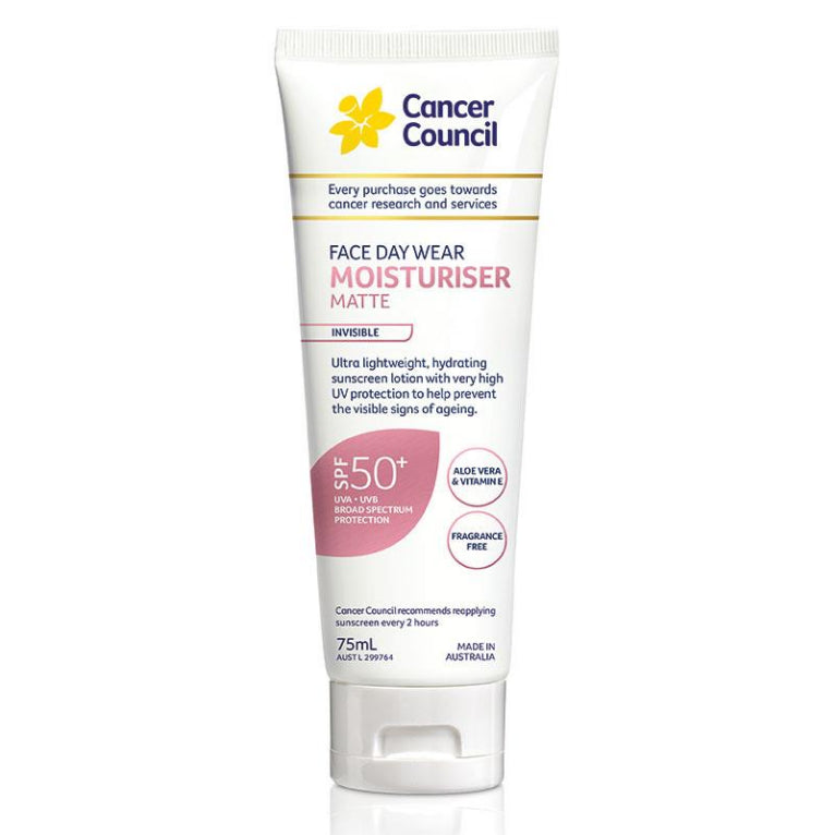 Cancer Council SPF 50+ Day Wear Face Matte Invisible 75ml Tube front image on Livehealthy HK imported from Australia