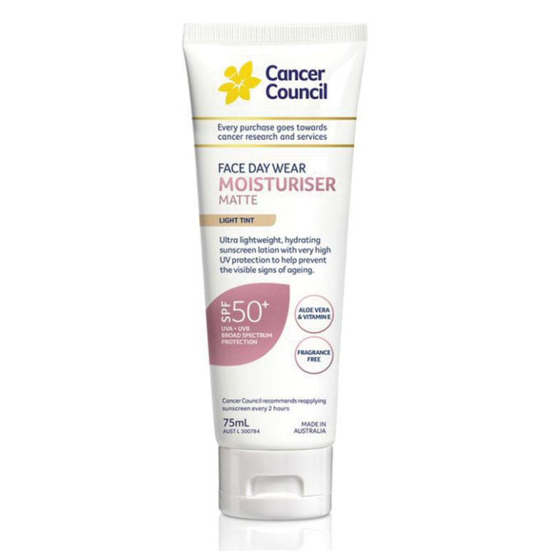 Cancer Council SPF 50+ Day Wear Face Matte Light Tint 75ml Tube front image on Livehealthy HK imported from Australia
