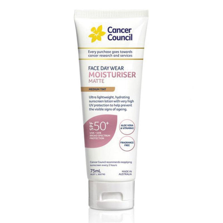 Cancer Council SPF 50+ Day Wear Face Matte Medium Tint 75ml Tube front image on Livehealthy HK imported from Australia